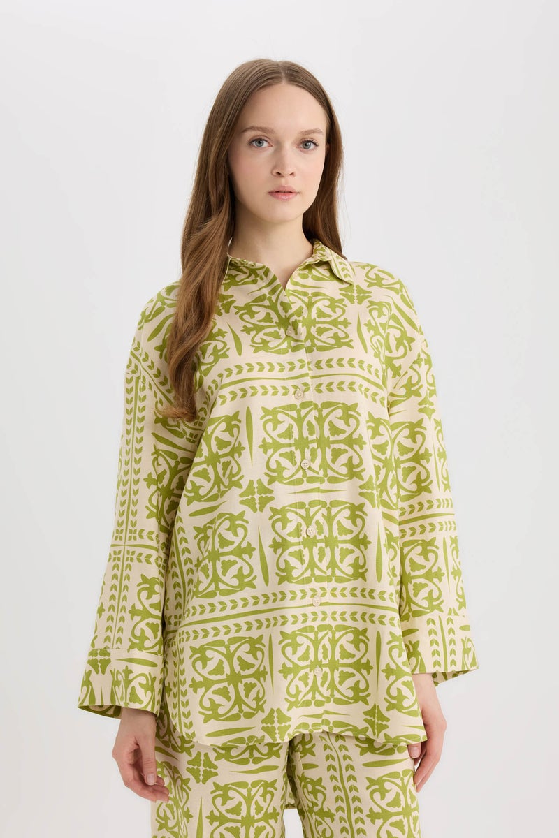 DeFacto Green Woman Relax Fit Printed Linen Blend Long Sleeve Tunic Casual - Image 5